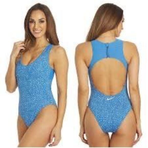Nike Women's Size M Water Dots One Piece Swimsuit Light Blue Keyhole Back NWT - Picture 1 of 14